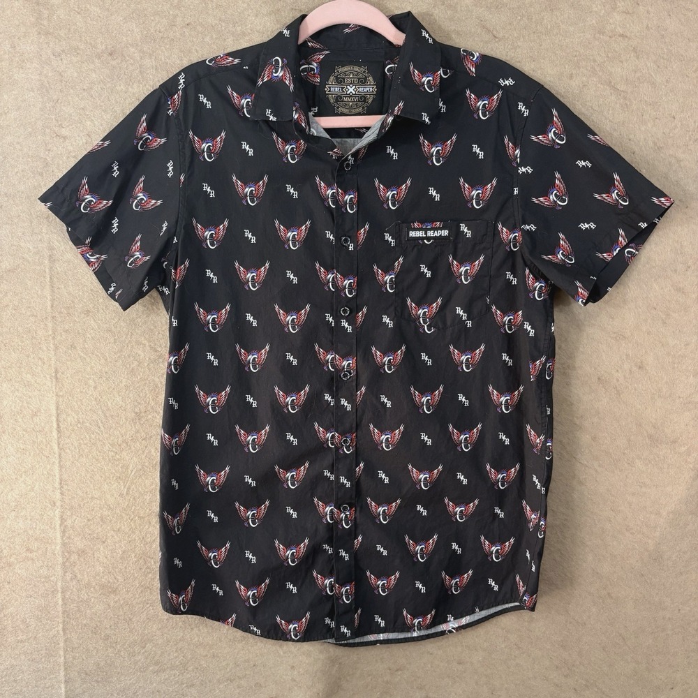 Rebel Reaper Short Sleeve Shirt Mens‎ Sz L Black Wings AOP Pocket Streetwear